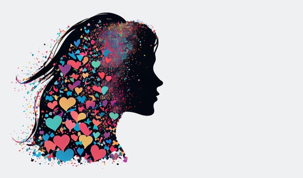 Woman with colorful hearts in her long hair, love and emotion concept, good hearted, positive thinking, generative AI