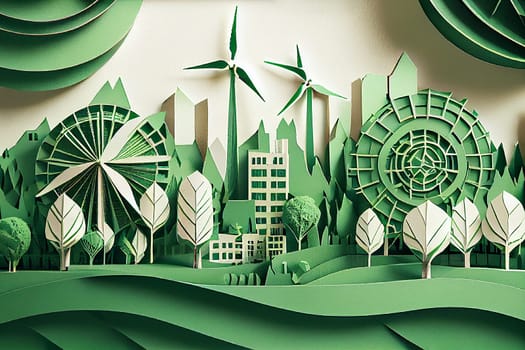 Green eco friendly city with sustainable and renewable energy, environment and technology concept, generative AI