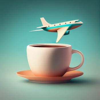 Airplane is flying over a cup of coffee, travel and vacation concept, holiday trip, generative AI