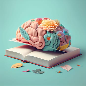 Colorful creative brain with flowers on a book, education concept, brainstorming for ideas, positive attitude, generative AI