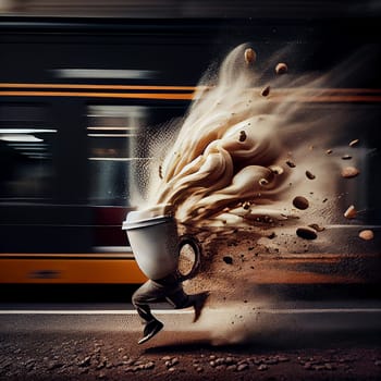 Cup of coffee running with high speed to the train, splashes, steam and coffee beans, time pressure, caffeine energy, generative AI