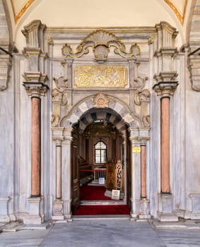 White marble decorated Entrance of tombs at historic Eyup Cemetery, located in the Eyup district, on the European side of Istanbul, Turkey