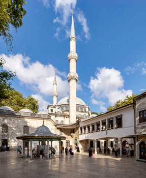 Istanbul, Turkey - April 24, 2023: Courtyard of Eyup Sultan Ottoman Mosque