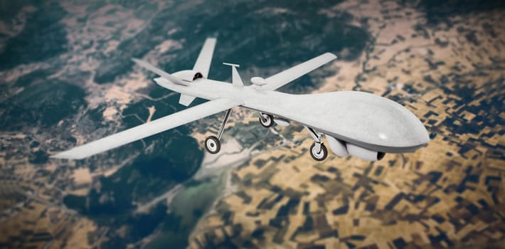 White military unmanned drone in the sky. 3D illustration.