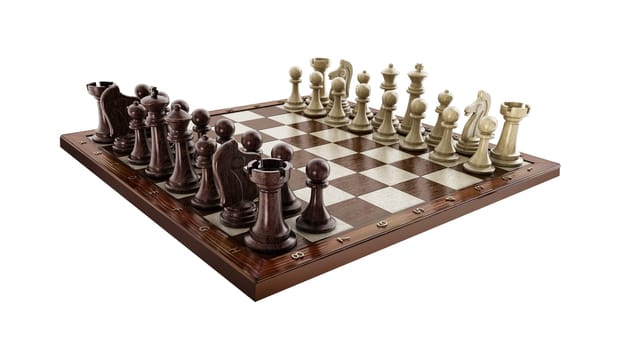 Chess board with wooden chess pieces isolated on white background. 3D illustration.