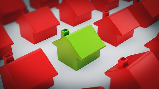 Green house standing out among red houses. 3D illustration.
