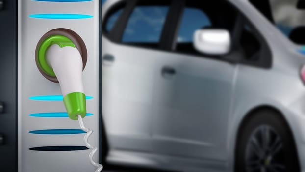 Electric car plugged in a charging station. 3D illustration.