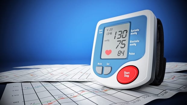 Wrist cuff blood pressure monitor on blood pressure graph. 3D illustration.