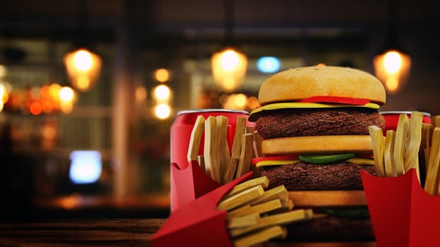 Hamburger and french fries on restaurant background. 3D illustration.