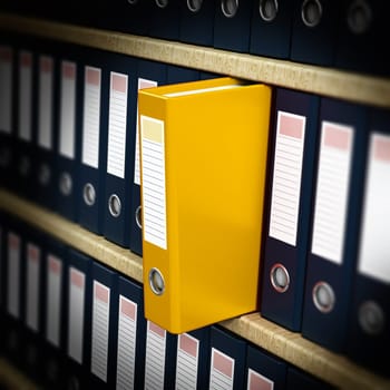 Yellow folder standing out in the shelf. 3D illustration.