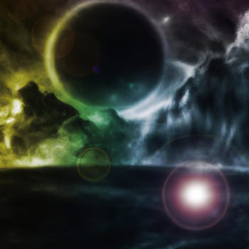 Outer space, Universe. Celestial asteroids, satellites, planets and stars. Gravitational astronomical star clusters, nebulae and galaxies. Interstellar gas, dust, electromagnetic fields, dark matter