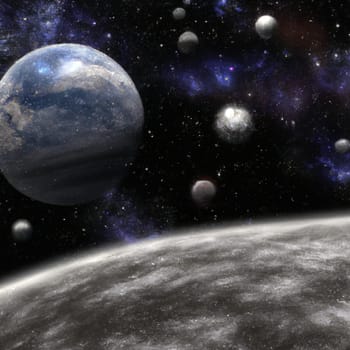 Outer space, Universe. Celestial asteroids, satellites, planets and stars. Gravitational astronomical star clusters, nebulae and galaxies. Interstellar gas, dust, electromagnetic fields, dark matter