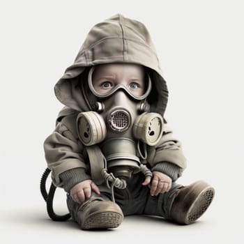 Little boy in a gas mask on a white background. Generative AI