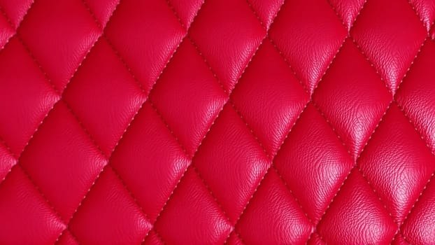 The surface texture of artificial leather in red, stitched in the form of rhombuses, squares, rectangles. Quilted eco-leather. High quality photo