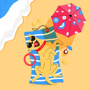 Be cool. The dog lies on the beach under an umbrella in sunglasses. Labrador on vacation. The dog is on vacation. Vacation with a pet. Traveling with a pet.