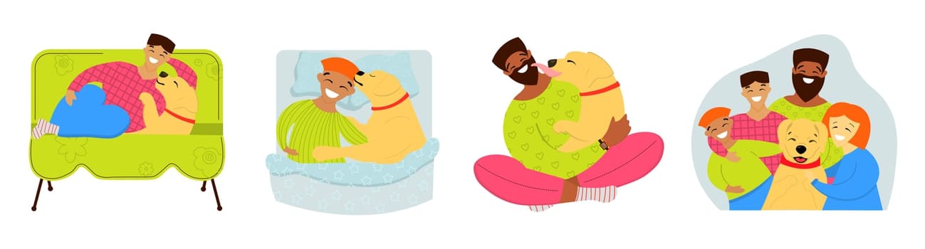 A set of stickers with a dog. Family favorite. Mixed family with a dog. A man cuddles with a labrador.Cute stickers with a pet.