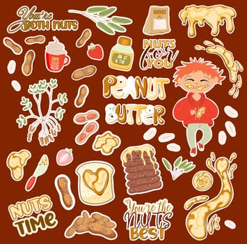 Collection of stickers with cute funny peanut butter.Cute cartoon character in eating peanut butter. Splashy, sandwich, nuts and peanut leaves