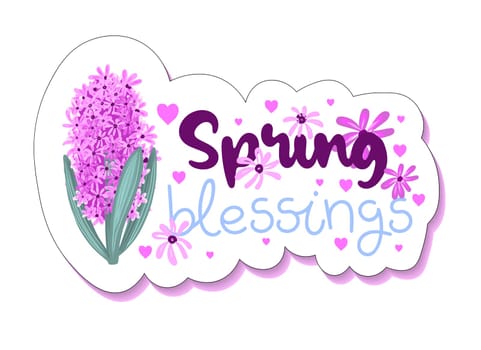 sticker with cute inscriptions and receipts. spring flower hyacinth.Cute spring sticker for planner.