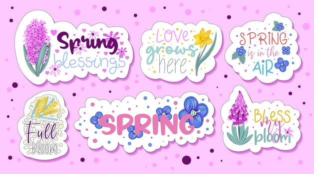 A collection of stickers with cute inscriptions and receipts. spring flowers hyacinth, narcissus and mimosa. Cute spring stickers for planner.