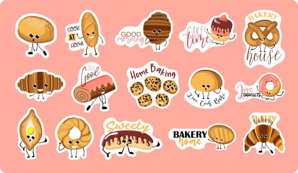 Collection of stickers with cute funny phrases about the bakery. bakery. Cute cartoon character in different poses. bread, loaf, cookies and other homemade pastries