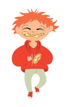 boy stained with peanut butter. the child eats a sandwich with peanut butter. appetizing