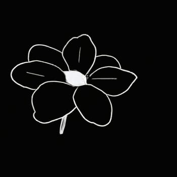 Hand-drawn with a white pencil simple flower with seven petals on a black background. Copy space.