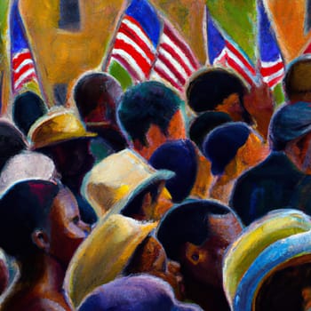African American people in a meeting or in a courthouse. USA flags. Abolition of slavery. Modern slave trade concept. A crowd of African Americans looks in one direction. Independence and freedom.