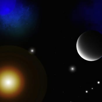 Outer space, Universe. Celestial asteroids, satellites, planets and stars. Gravitational astronomical star clusters, nebulae and galaxies. Interstellar gas, dust, electromagnetic fields, dark matter