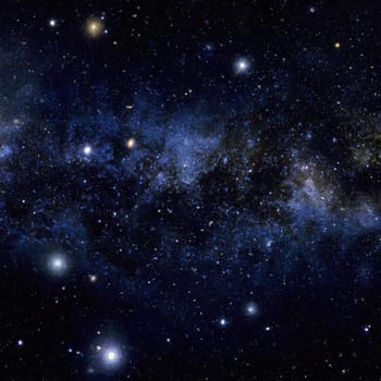 Outer space, Universe. Celestial asteroids, satellites, planets and stars. Gravitational astronomical star clusters, nebulae and galaxies. Interstellar gas, dust, electromagnetic fields, dark matter