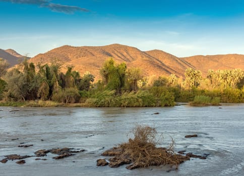 Landscape on the banks of the Kunene River, the border river between Namibia and Angola