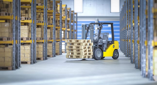 Forklift carrying wooden pallets in large distribution warehouse 3d