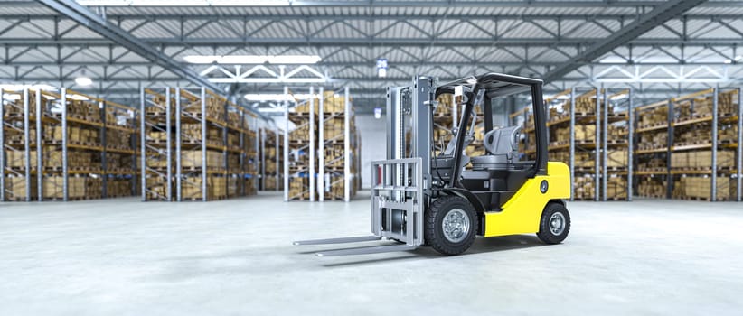 Forklift parked in large distribution warehouse 3d