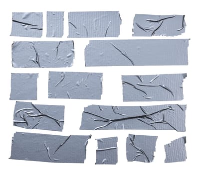 Set of grey duct tape pieces on transparent background