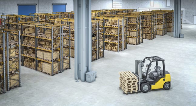 Forklift is carrying wooden pallets in a distribution warehouse 3d