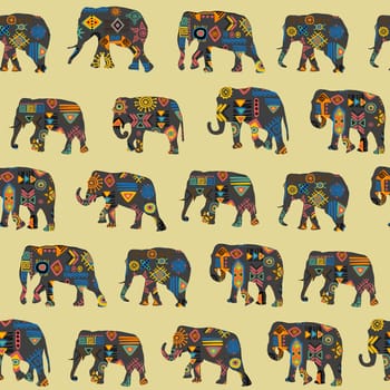 Seamless background with elephants made of ethnic symbols pattern