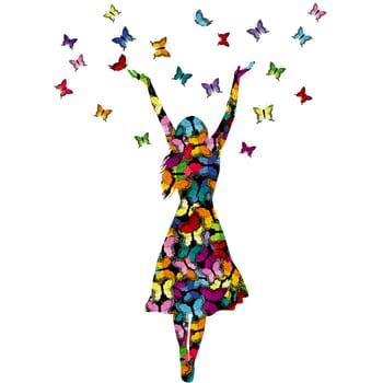 Woman enjoying life with raised arms and colored butterflies flying around her