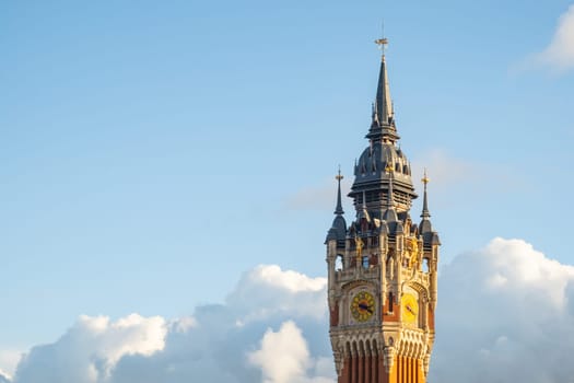 Calais, France - january 02 2023 : The belfry of the town hall, city of Calais, Pas-de-Calais, France