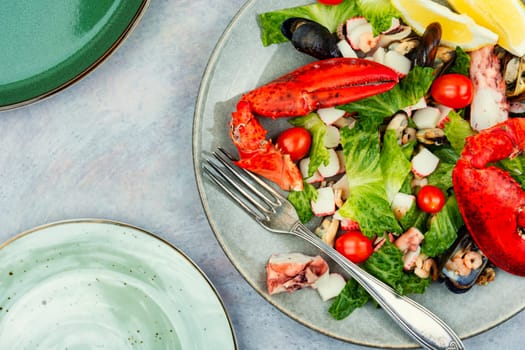 Tasty salad of oysters, mussels, lobster, lettuce and vegetables. Food background