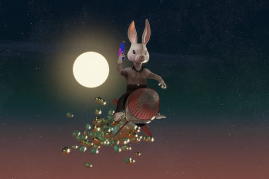3D Illustration , Bunny Rocket Easter Design. Cute Rabbit flying to sky