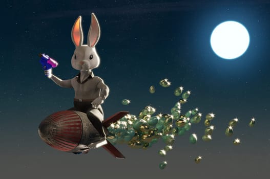3D Illustration , Bunny Rocket Easter Design. Cute Rabbit flying to sky