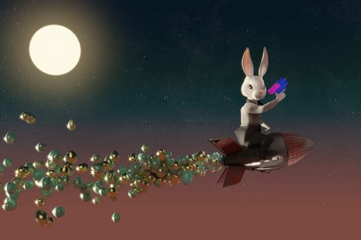 3D Illustration , Bunny Rocket Easter Design. Cute Rabbit flying to sky