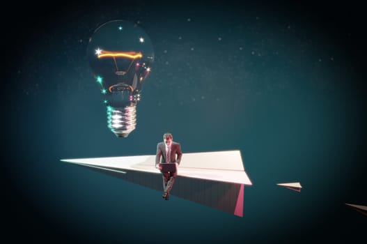 3D Illustration , Businessman on paper airplanes flying with idea