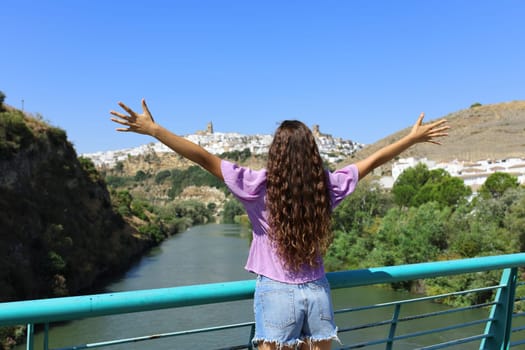 Back view portrait of a tourist celebrating vacation contemplating town views