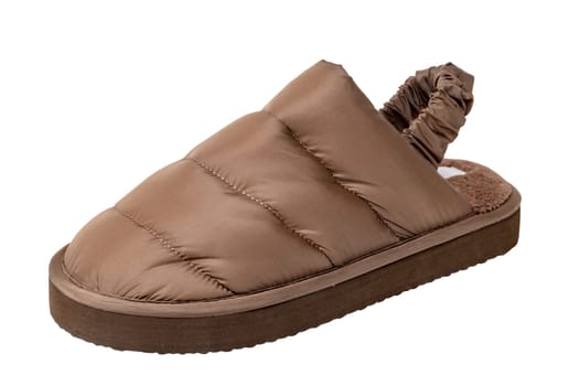 Slippers isolated. Close-up of a single of female brown warm and soft cosy terry house slipper isolated on white background. Clipping path. Womans shoes. Macro.