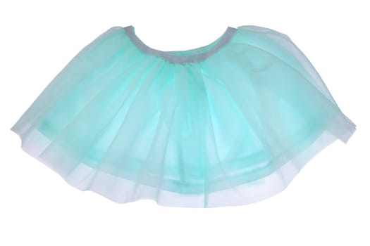 Blue skirt isolated. Beautiful delicate transparent turquoise silk summer skirt for girl. Clipping path. Ballerina kids clothing. Children clothes. Concept childs clothing fashion.