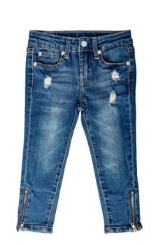 Girls jeans isolated. Elegant trendy stylish female blue jeans trousers isolated on a white background. Clipping path. Fashionable denim pants for kids.