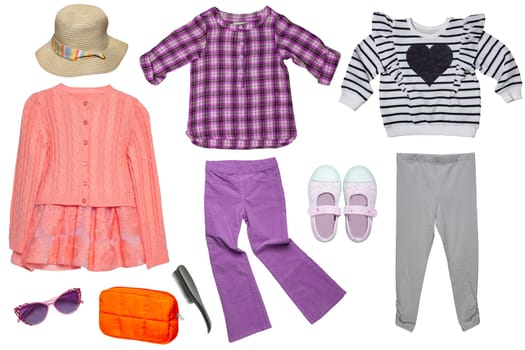 Collage set of girl spring summer clothes isolated. Female kids apparel collection. Child baby fashion clothing outfit. Colorful stylish, sweater, pants, shoes wearing.