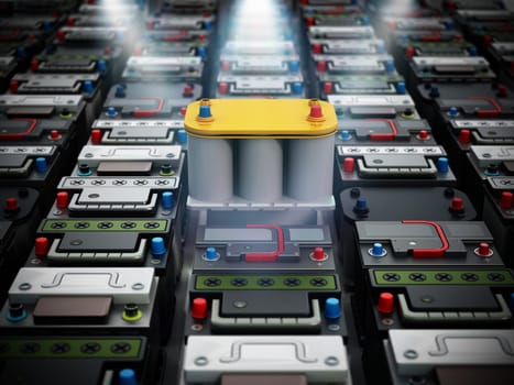 Generic modern car battery stands out among regular car batteries. 3D illustration.