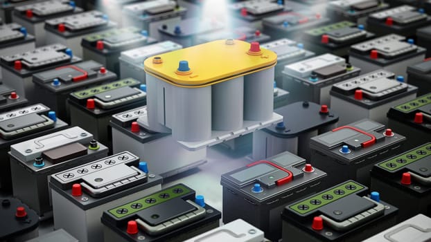 Generic modern car battery stands out among regular car batteries. 3D illustration.