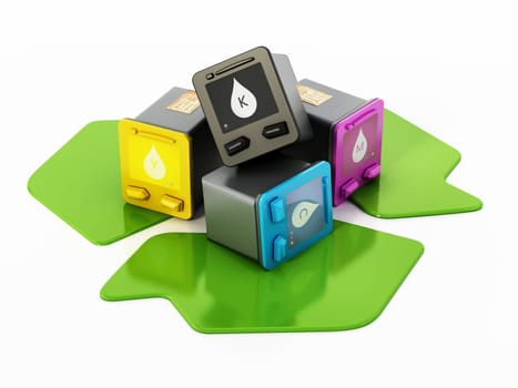 Inkjet printer spare cartridges in recycle symbol. 3D illustration.